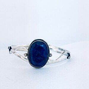 Estate Sterling Silver 925 Blue Gemstone Cuff Bangle Bracelet 6" Wrist 20g
